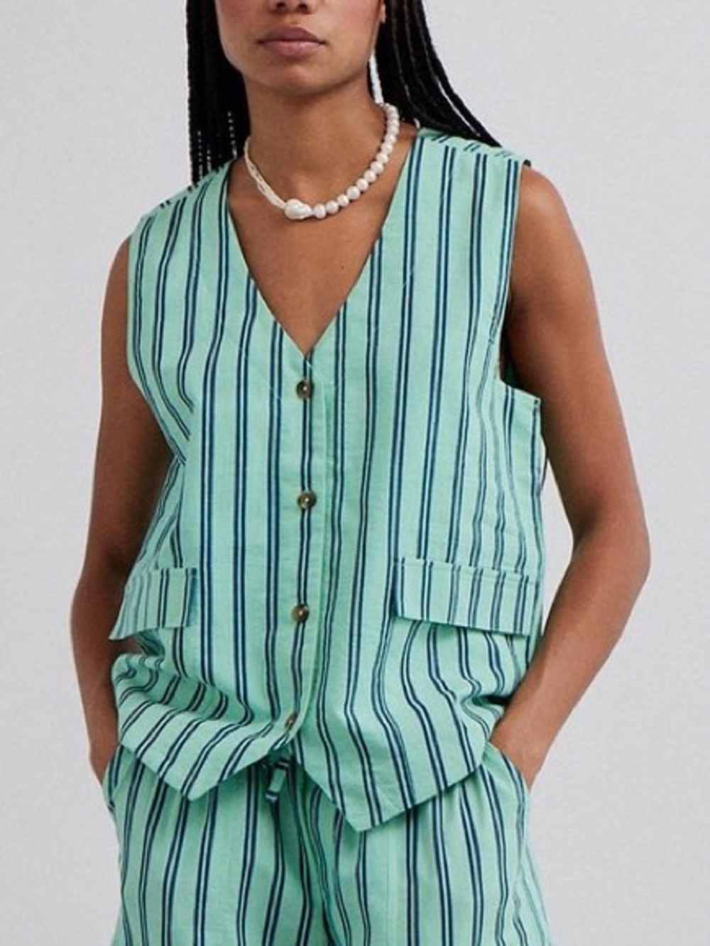 Damson Madder "Coco" striped mint green and navy waistcoat vest top.